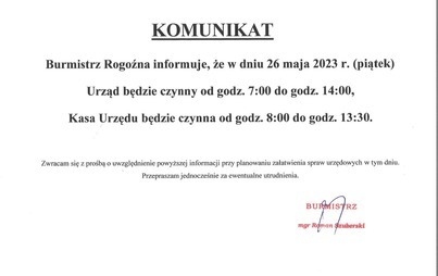 Zdjęcie do Uwaga - 26 maja Urząd czynny do godz. 14.00