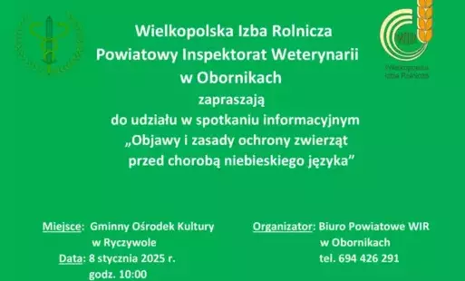 Zdjęcie do Zaproszenie na spotkanie informacyjne &quot;Objawy i zasady ochrony zwierząt przed chorobą niebieskiego języka&quot;.