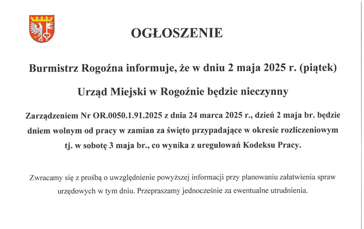 Zdjęcie do Uwaga! 2 maja Urząd Miejski w Rogoźnie będzie nieczynny